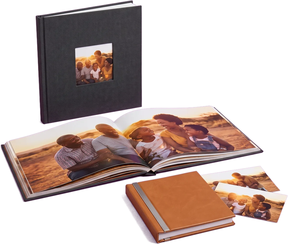 Printed photo albums, one open showing a family photo spread, with loose photo prints beside them